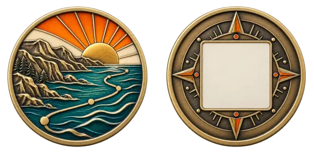 Metal sunrise coin, front and back